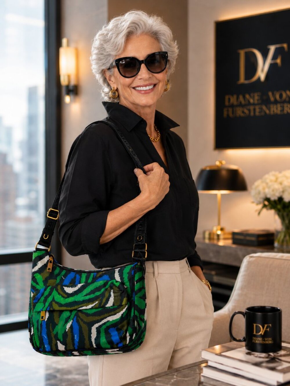 DVF Diane von Furstenberg Printed Nylon Crossbody Bag NWT Green Blue Abstract